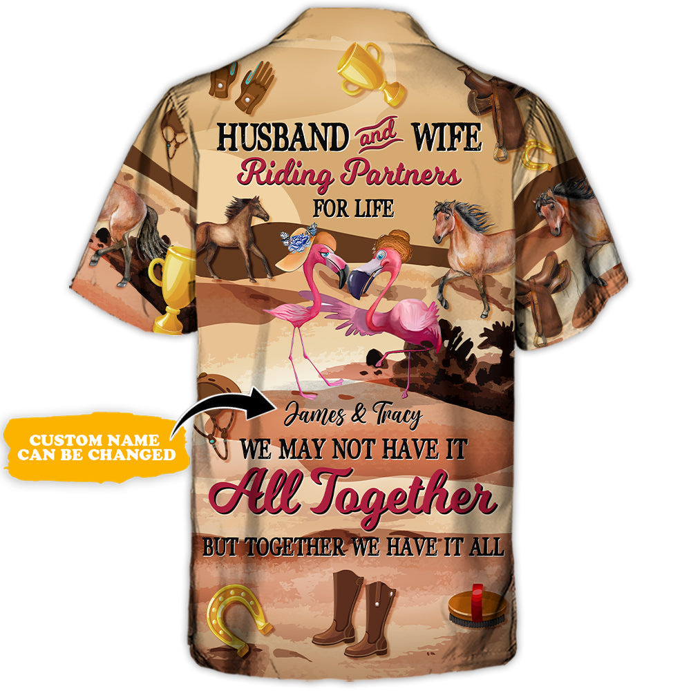 Personalized Horse Riding Flamingo Husband And Wife - Hawaiian Shirt