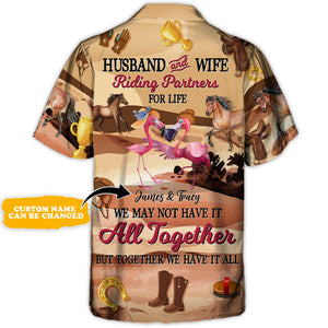 Personalized Horse Riding Flamingo Husband And Wife - Hawaiian Shirt