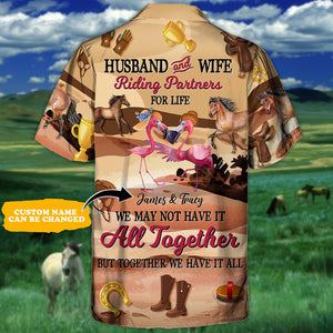 Personalized Horse Riding Flamingo Husband And Wife - Hawaiian Shirt