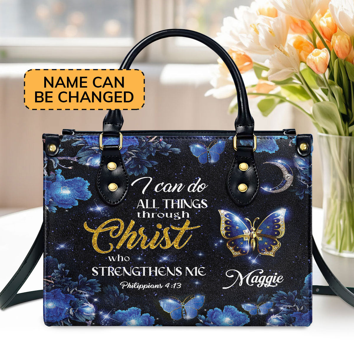 I Can Do All Things Through Christ - Pretty Personalized Leather Handbag