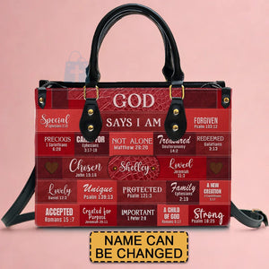 Inspirational Scripture Leather Handbag - Custom Name CHRISTIANARTBAG Tote - GOD Says I Am Red Leather Handbag