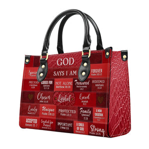 Inspirational Scripture Leather Handbag - Custom Name CHRISTIANARTBAG Tote - GOD Says I Am Red Leather Handbag