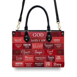 Inspirational Scripture Leather Handbag - Custom Name CHRISTIANARTBAG Tote - GOD Says I Am Red Leather Handbag