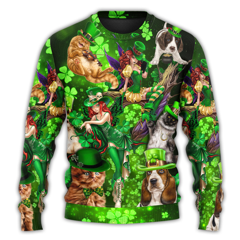 Irish Cat Girl St Patrick's Day Green Light Ugly Sweaters