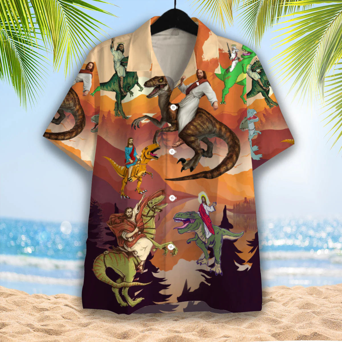 Jesus Rides A Dinosaur Orange Aloha Hawaiian Shirts For Men And For Women