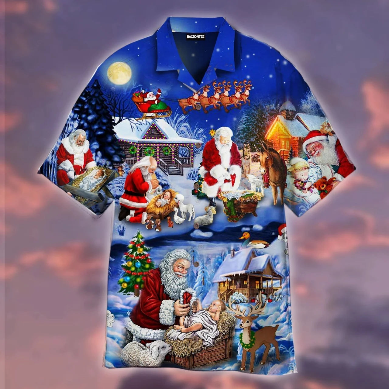 Santa Adoring Baby Jesus Aloha - Hawaiian Shirt