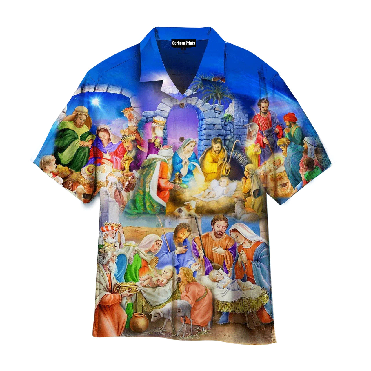 Nativity Christmas Birth Of Jesus Blue Hawaiian Shirts For Men Women