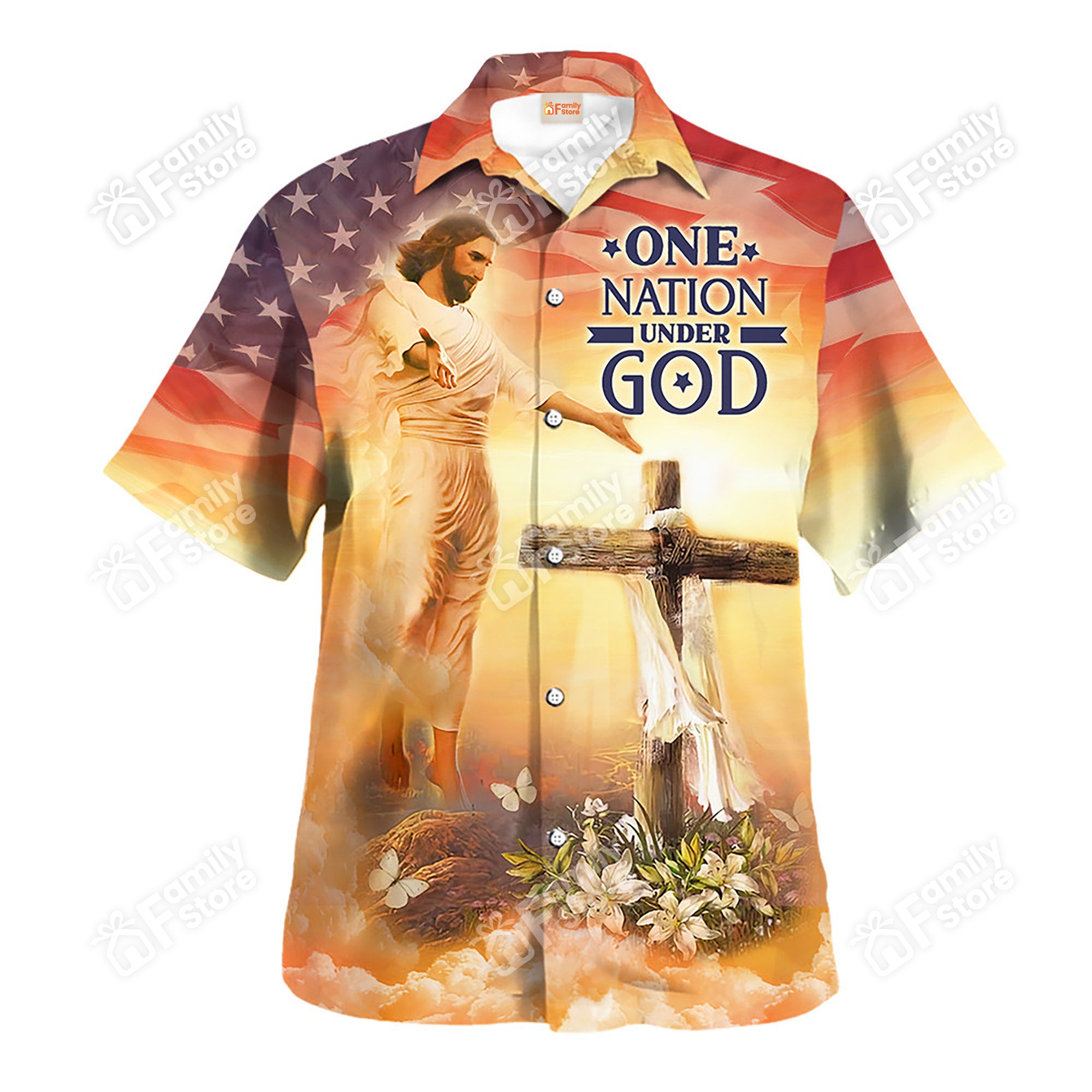 Jesus One Nation Under God, God Bless Hawaiian Shirt