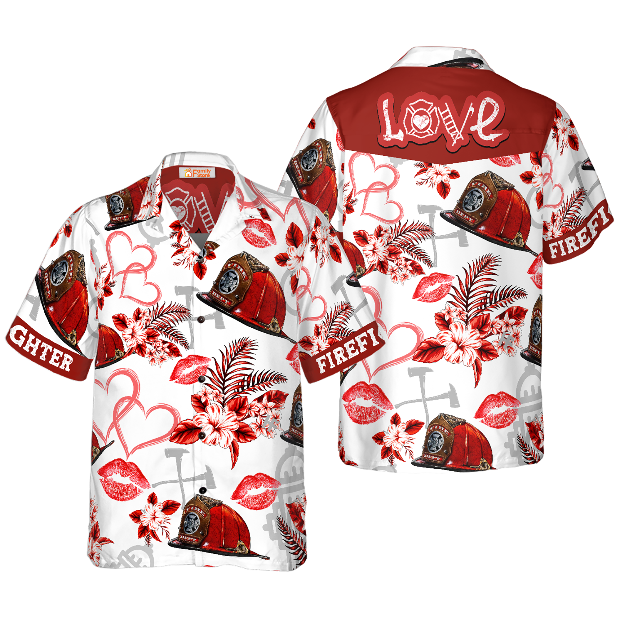 Love Firefighter Helmet Valentine Pink Heart Red Floral Hawaiian Shirt