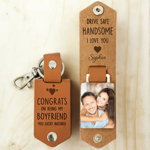 Custom Photo Congrats On Being My Boyfriend - Personalized Leather Photo Keychain