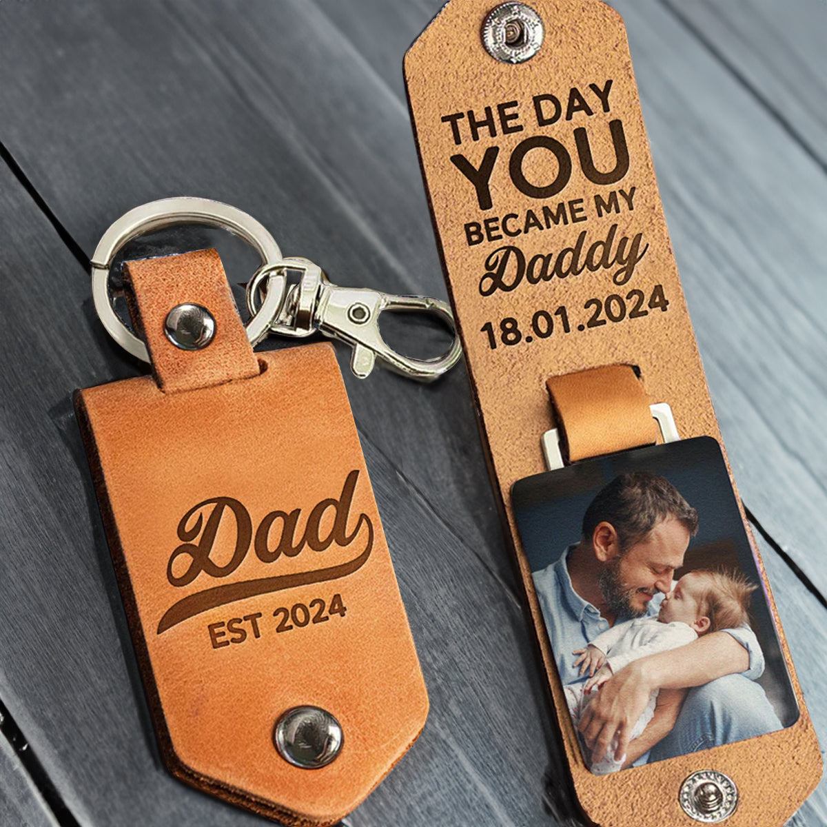 Custom Photo The Day You Became My Daddy First Time Dad - Gift For Dad, Grandfather - Personalized Leather Photo Keychain