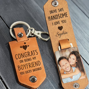 Custom Photo Congrats On Being My Boyfriend - Personalized Leather Photo Keychain