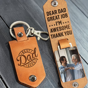 Custom Photo Dear Dad Great Job We're Awesome - Gift For Dad, Grandfather - Personalized Leather Photo Keychain