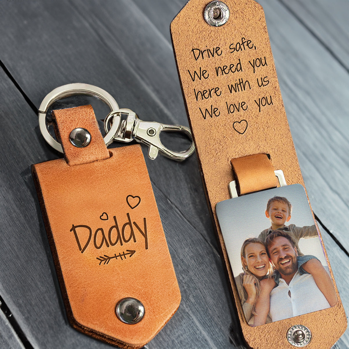 Custom Photo Drive Safe Daddy We Love You - Gift For Dad, Grandfather - Personalized Leather Photo Keychain