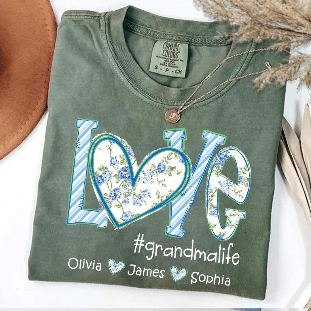 Love grandmalife Personalized Grandma Shirt Floral Print Comfort Colors Tee Custom Grandmother Gift with Grandkids Names_Moss_S 1 lZelF