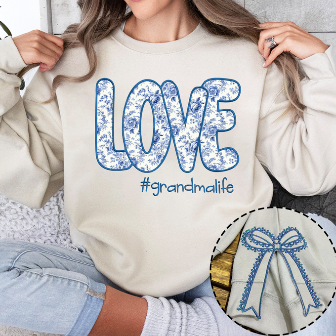 Custom Name Love Grandma Life Floral Applique Embroidered Embroidered Bow - Personalize Side Bow Cut-Out Embellished Sweatshirt - Gift For Grandma, Mom - NH96