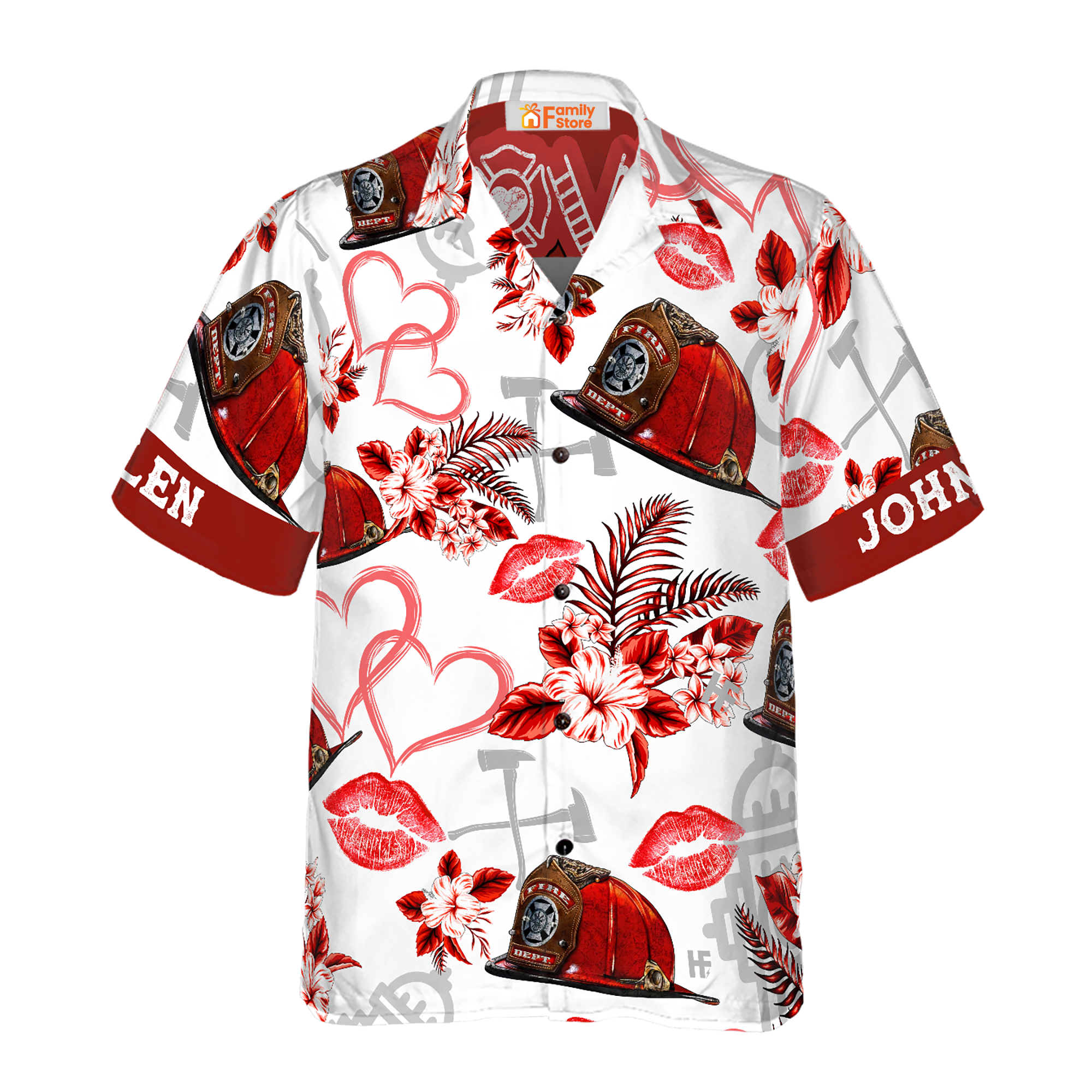 Personalized Pink Heart Red Floral Firefighter Hawaiian Shirt For Men