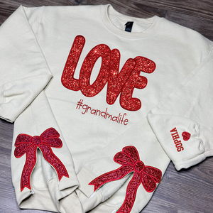 Glitter Love Grandmalife Embroidered Mimi, Grandma Christmas Bow Embellished Sweatshirt - Custom Side Bow Cut-Out Sweatshirt - Gift For Grandma, Mom - NH96