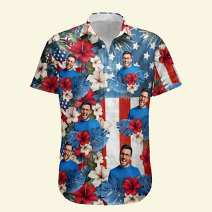 Custom Photo American Flag Tropical Independence Day Vintage - Personalized Hawaiian Shirt