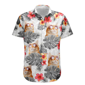 Custom Photo Face Funny Cat With Leaf Tropical - Gift For Cat Lovers - Personalized Hawaiian Shirt