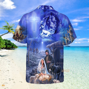 Lion With Jesus Was Born In Farm Blue Aloha Hawaiian Shirts