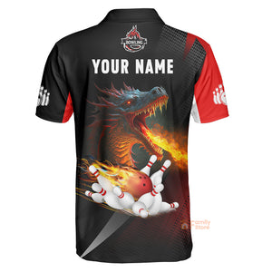 Personalized Name Dragon Team Red Bowling Ball On Fire 3D Polo Shirt