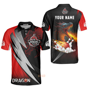 Personalized Name Dragon Team Red Bowling Ball On Fire 3D Polo Shirt