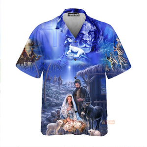 Lion With Jesus Was Born In Farm Blue Aloha Hawaiian Shirts