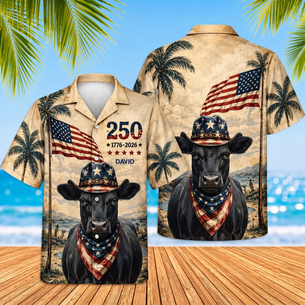 Cowboy Angus Cow USA 250th Anniversary Vintage Beach - Personalized Hawaiian Shirt - Gift For Family