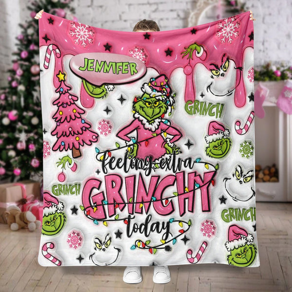 Grch Green Monster Feeling Extra Grinchy Today - Personalized 3D Inflated Effect Christmas Blanket NL122