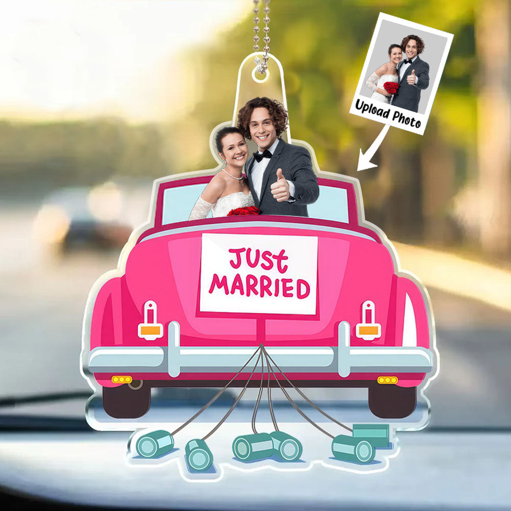 Custom Photo Love You Bae Just Married - Gift For Couple - Personalized Car Hanging Ornament - NA94