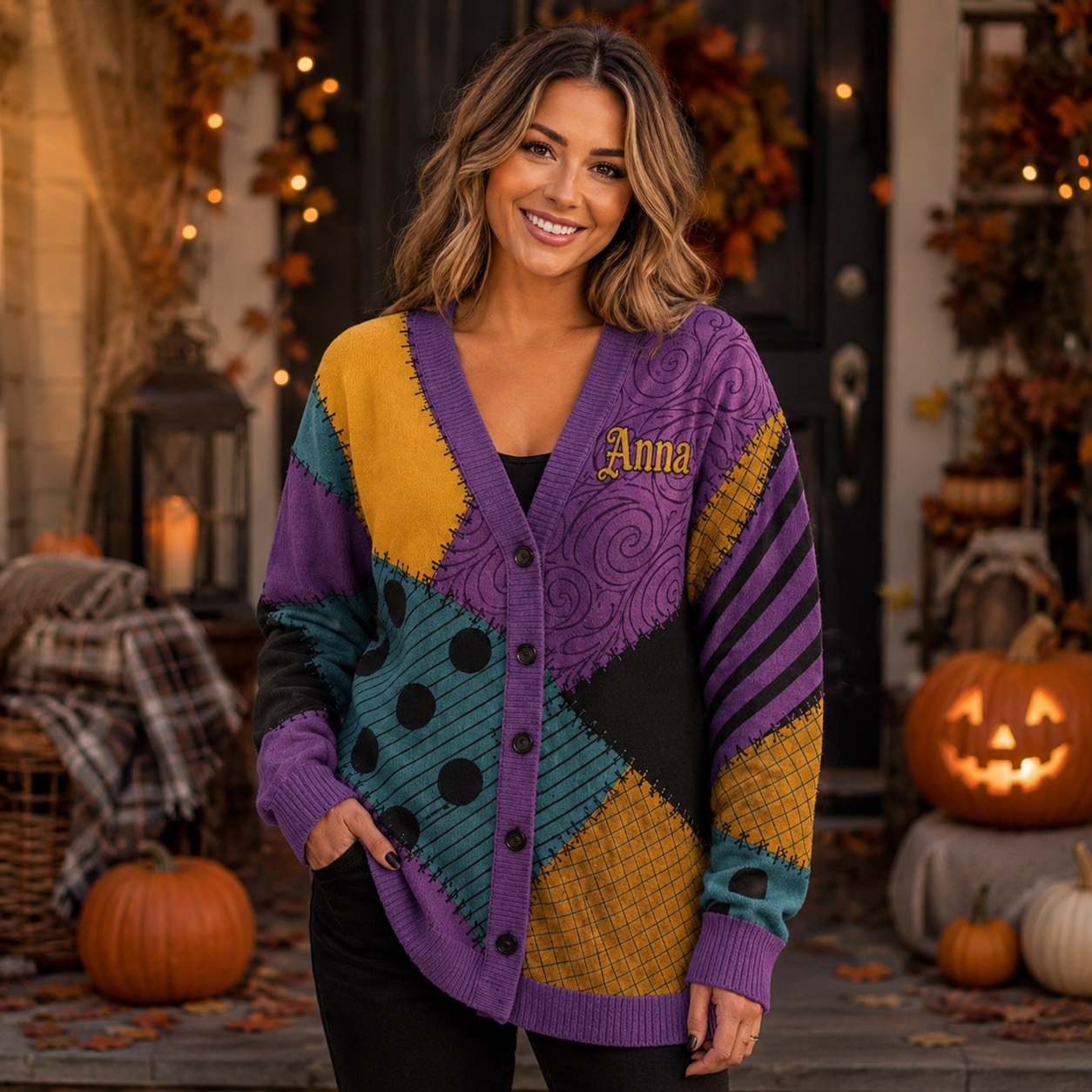 Halloween Sally Patchwork Spooky Fall Costume - Personalized Cardigan