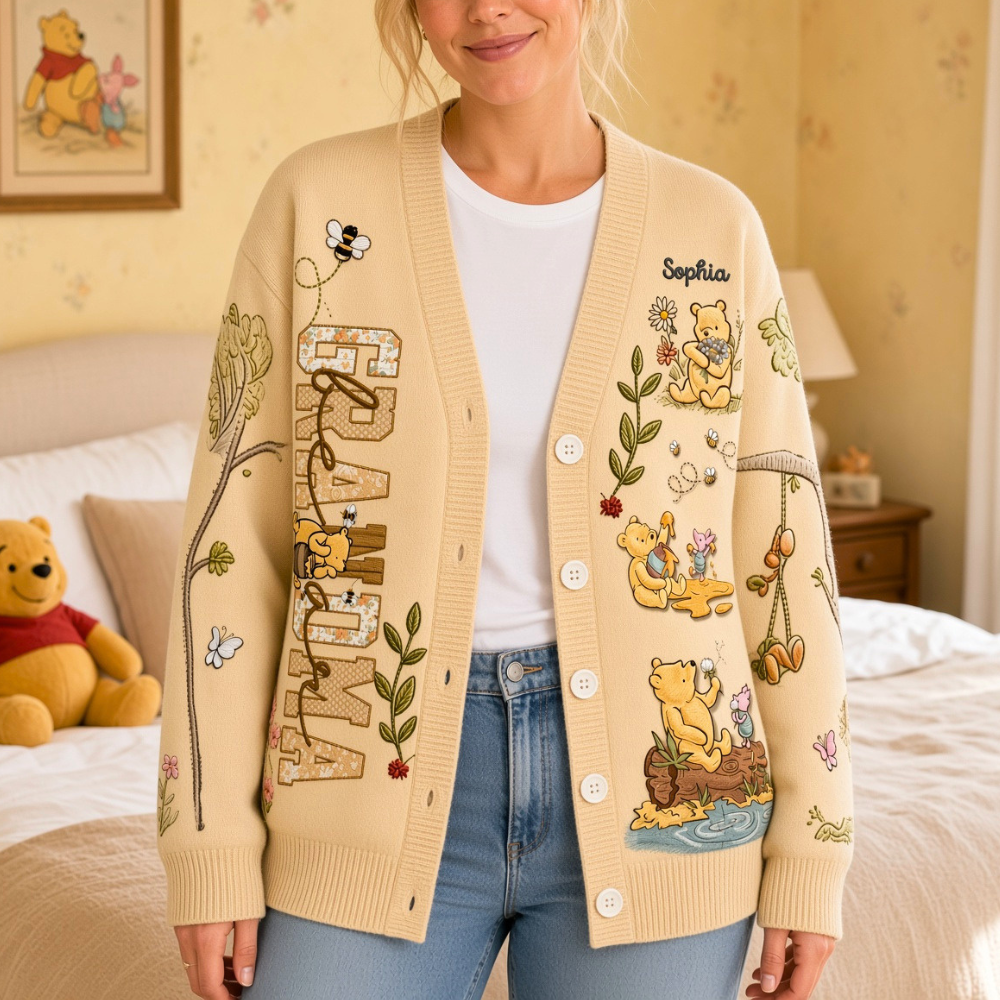 Honey Bear Custom Name Knit Sweater Cozy Birthday Gift For Her - Personalized Knitted Cardigan