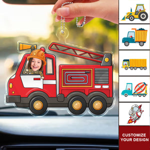 Custom Photo Kids Riding Vehicle With Firefighter Truck, Pilot, Worker And So On - Gift For Family Members - Personalized Car Hanging Ornament - NA94