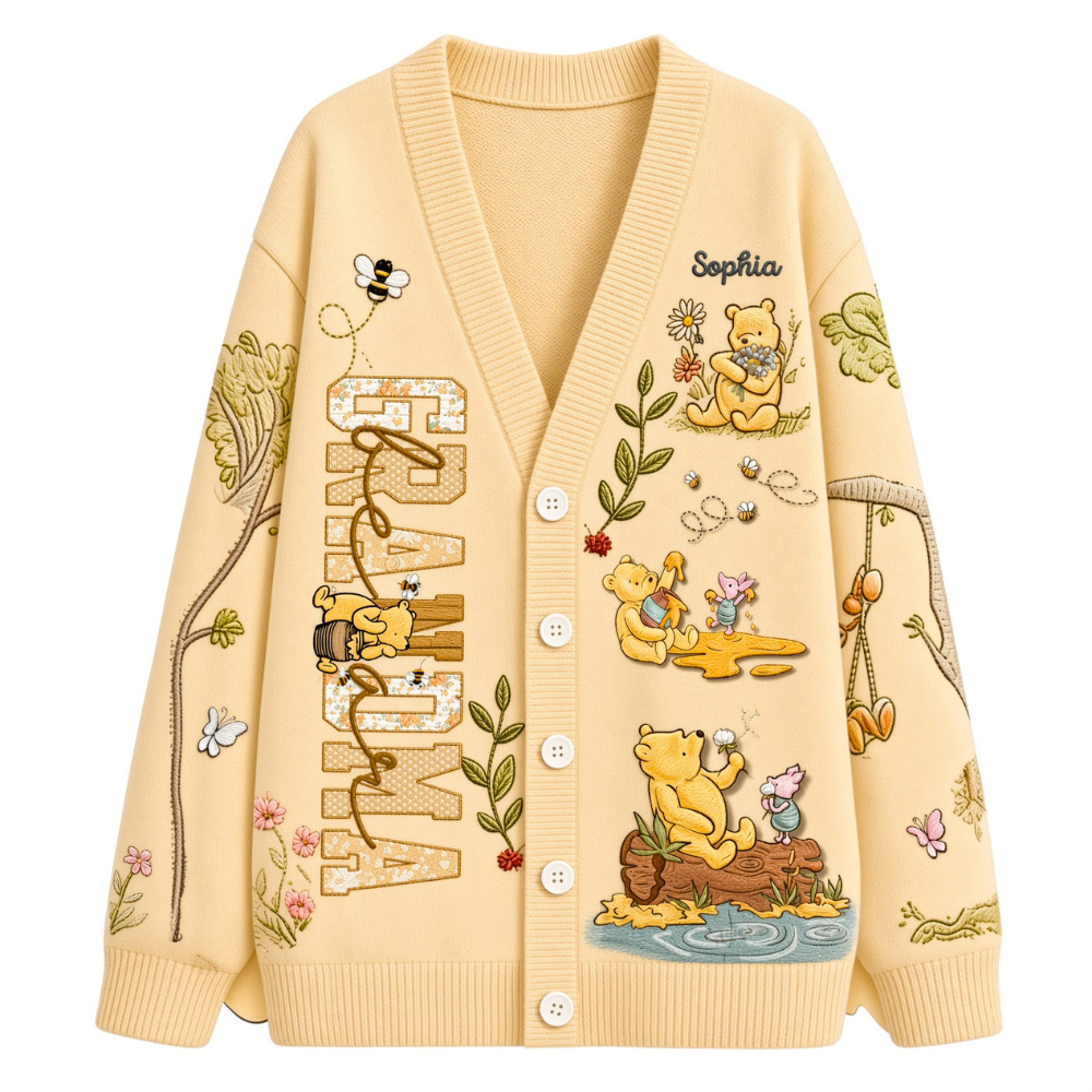Honey Bear Custom Name Knit Sweater Cozy Birthday Gift For Her - Personalized Knitted Cardigan