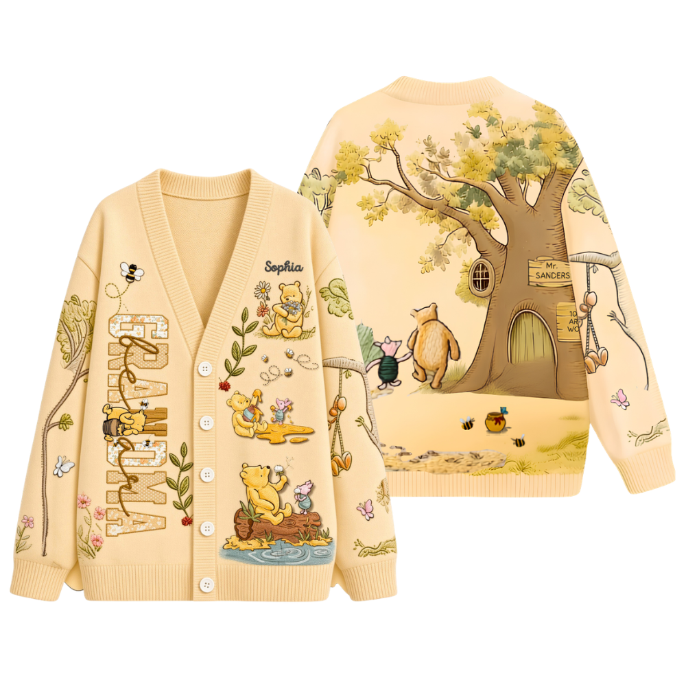 Honey Bear Custom Name Knit Sweater Cozy Birthday Gift For Her - Personalized Knitted Cardigan