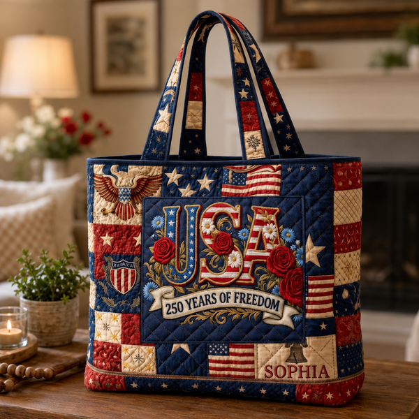 USA 250 Years Of Freedom Liberty Bloom - Personalized Quilted Tote Bag - Patriotic Gift For Her