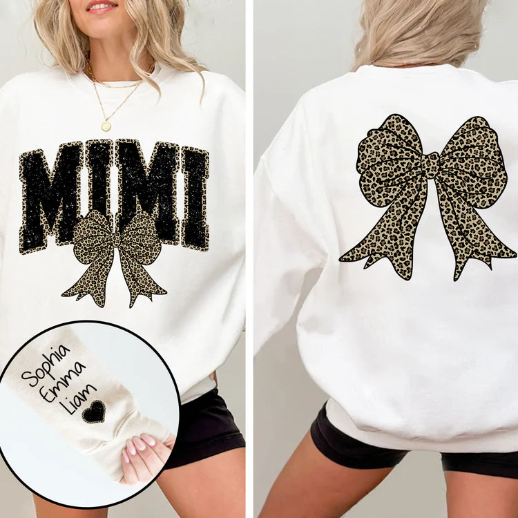 Black Mimi Leopard Bow - Personalized Sweatshirt With Design On Sleeve - Gift For Grandma, Mom, Wife - NH96