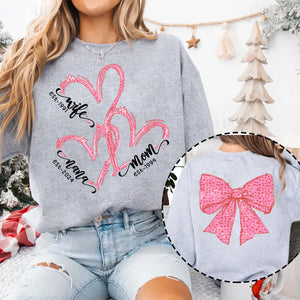 Love Mom, Love Nana Heart And Bow - Personalized Sweatshirt With Design On Sleeve - Meaningful Valentine Gifts For Grandma, Mom, Girlfriend, Wife - NH96