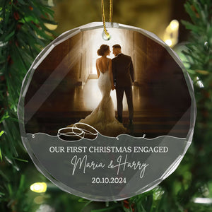 Custom Photo First Christmas Engaged - Gift for Couples, Wedding - Personalized Glass Ornament NH96