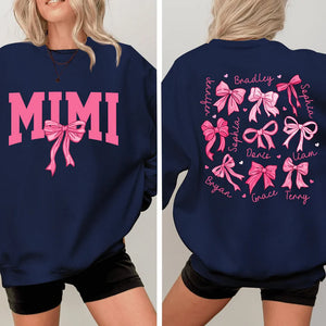 Pink Mimi Bow And Kids - Personalized Sweatshirt With Design On Sleeve - Gift For Grandma, Mom, Wife - NH96