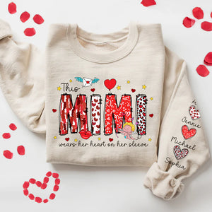 This Mimi Wears Her Heart On Her Sleeve - Personalized Sweatshirt With Design On Sleeve - Meaningful Valentine Gifts For Grandma, Mom, Wife - NH96