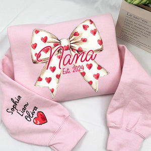 Love Grandma Valentine Bow - Personalized Sweatshirt With Design On Sleeve - Gift For Grandma, Mom, Wife | Custom Sleeve NH96