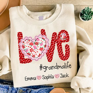 Love Grandmalife Valentine Heart Flower - Personalized Sweatshirt With Design On Sleeve - Gift For Grandma, Mom, Wife | Custom Sleeve NH96