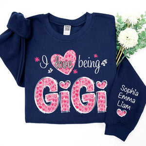 I Love Being Gigi Pink Leopard Heart  - Personalized Sweatshirt With Design On Sleeve - Gift For Grandma, Mom, Wife | Custom Sleeve NH96