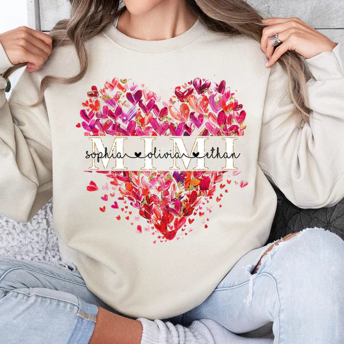 Grandma Heart, Mimi And Kids- Personalized Sweatshirt With Design On Sleeve -  Meaningful Gifts For Grandma, Mom, Wife | Custom Sleeve NH96