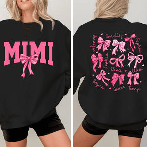 Pink Mimi Bow And Kids - Personalized Sweatshirt With Design On Sleeve - Gift For Grandma, Mom, Wife - NH96