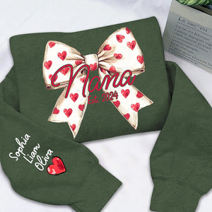 Love Grandma Valentine Bow - Personalized Sweatshirt With Design On Sleeve - Gift For Grandma, Mom, Wife | Custom Sleeve NH96