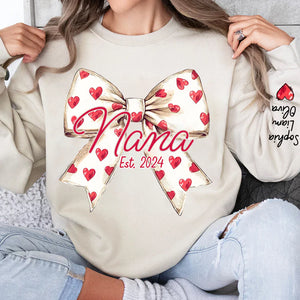 Love Grandma Valentine Bow - Personalized Sweatshirt With Design On Sleeve - Gift For Grandma, Mom, Wife | Custom Sleeve NH96