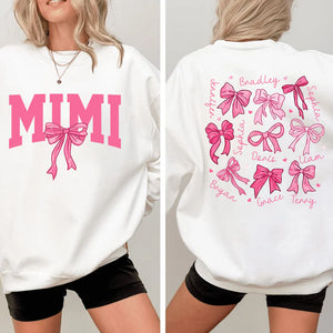 Pink Mimi Bow And Kids - Personalized Sweatshirt With Design On Sleeve - Gift For Grandma, Mom, Wife - NH96